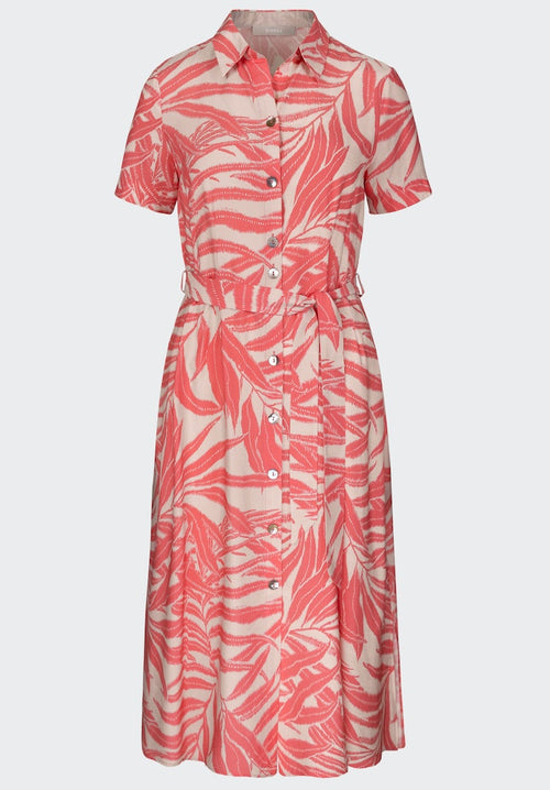 Bianca Heneika Button Through Dress. A midi length dress with short sleeves, button fastenings, collared neckline and belt detail. In a Pink leaf print.