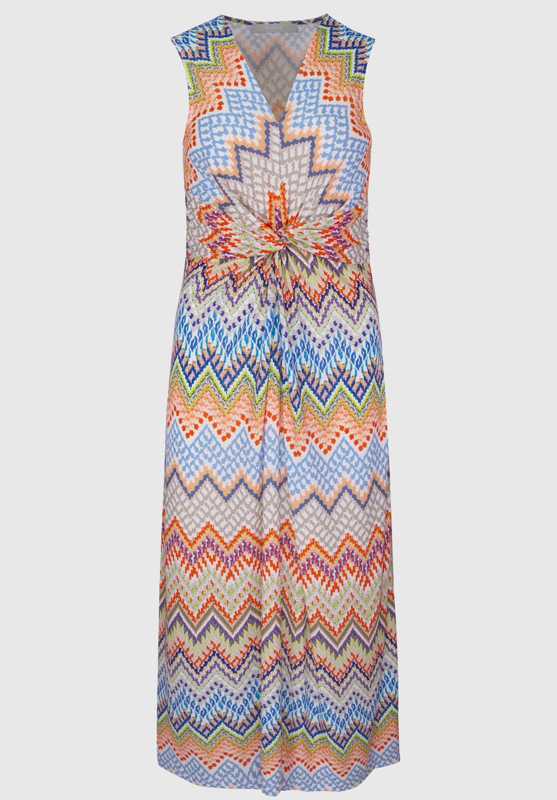 Bianca Dinorah Dress. A sleeveless midi length dress with V-neckline and multicoloured zigzag print.