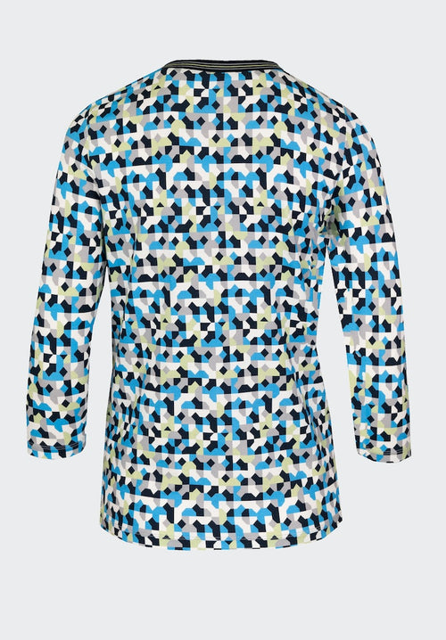 Bianca Dini 3/4 Sleeve Patterned Top. A regular fit top with 3/4 length sleeves, round neckline and abstract blue, green and black pattern.