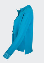 Bianca Ranis Knit Jacket. A regular fit, long sleeve knit jacket with collared neckline and button fastenings. This jacket is cornflower blue and has pockets and striped cuff detail.