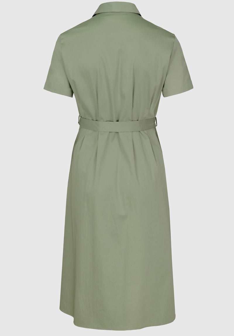 Bianca Shirt Henrika Dress. A green midi length dress with short sleeves, shirt collar, belt, and button fastenings.