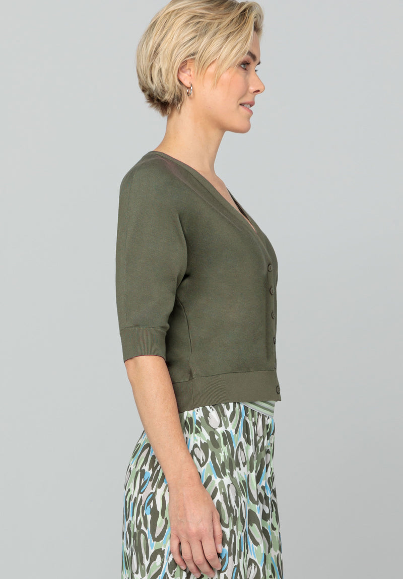 Bianca Oraine Knit Cardi. A cardigan with 3/4 length sleeves, V-neck and button closures, in the colour Palm.