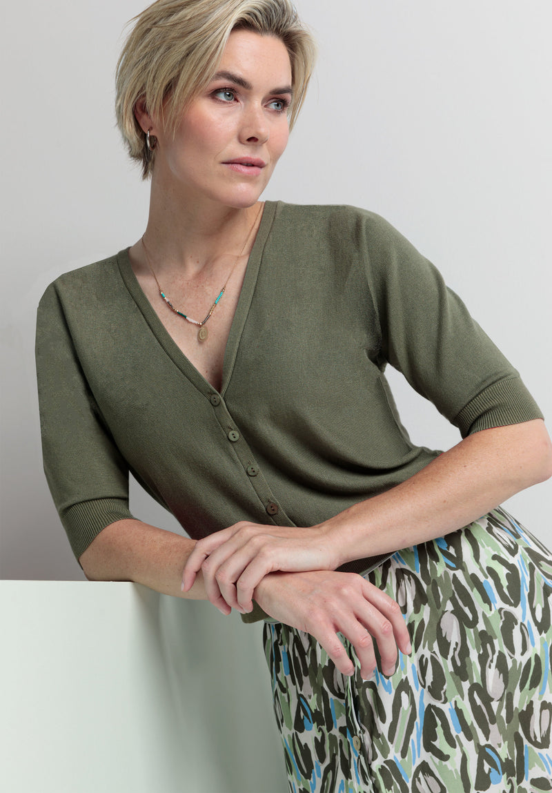 Bianca Oraine Knit Cardi. A cardigan with 3/4 length sleeves, V-neck and button closures, in the colour Palm.