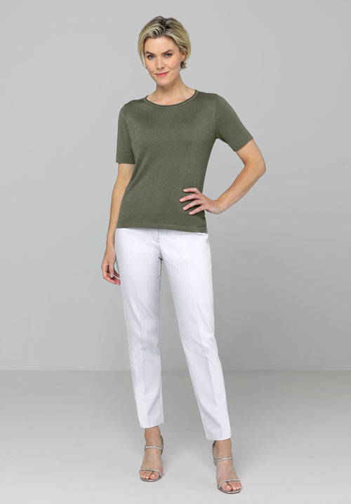 Bianca Rabea Sparkle Top. A short sleeve green top with round neckline and sparkle detail.