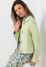 Bianca Peggy Denim Jacket. A regular fit jacket with long sleeves, collared neckline and button fastenings. This jacket has pockets and is a pale green colour.