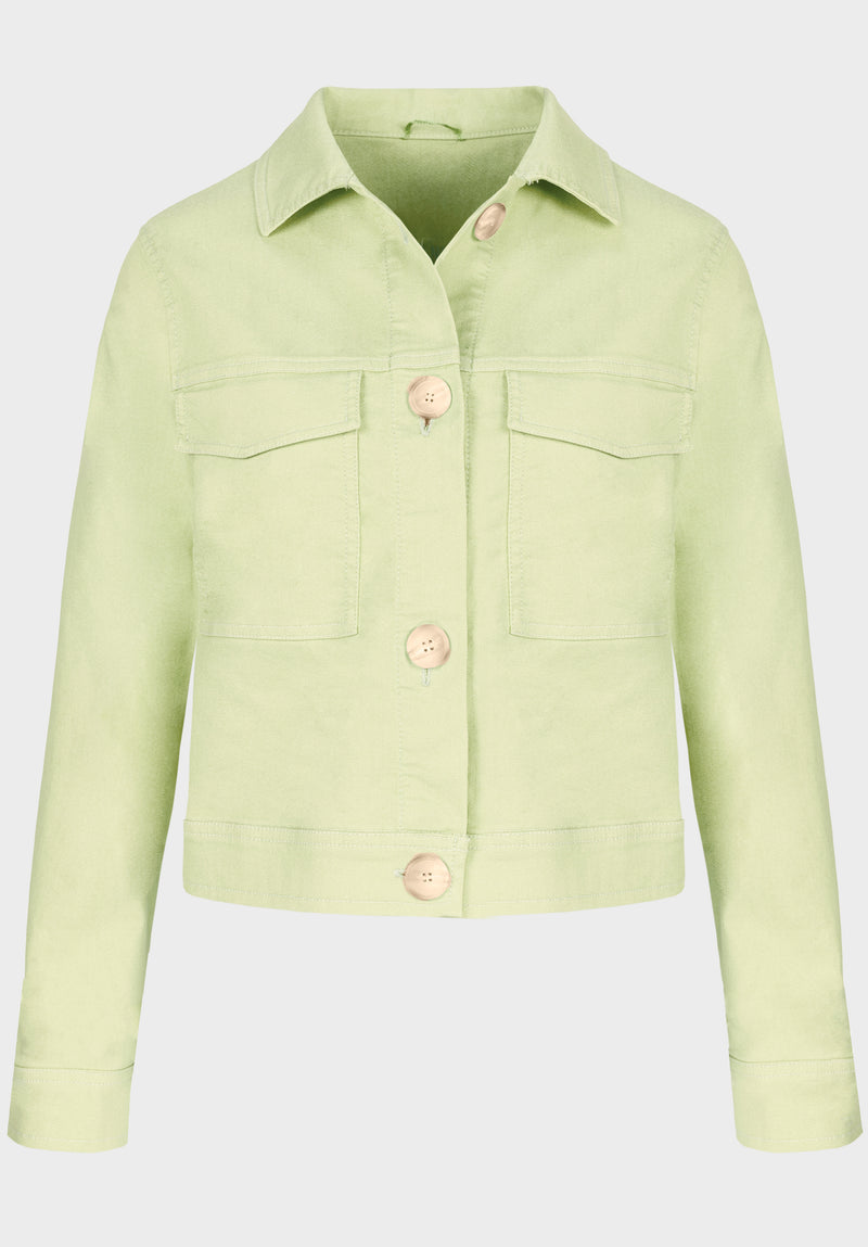 Bianca Peggy Denim Jacket. A regular fit jacket with long sleeves, collared neckline and button fastenings. This jacket has pockets and is a pale green colour.