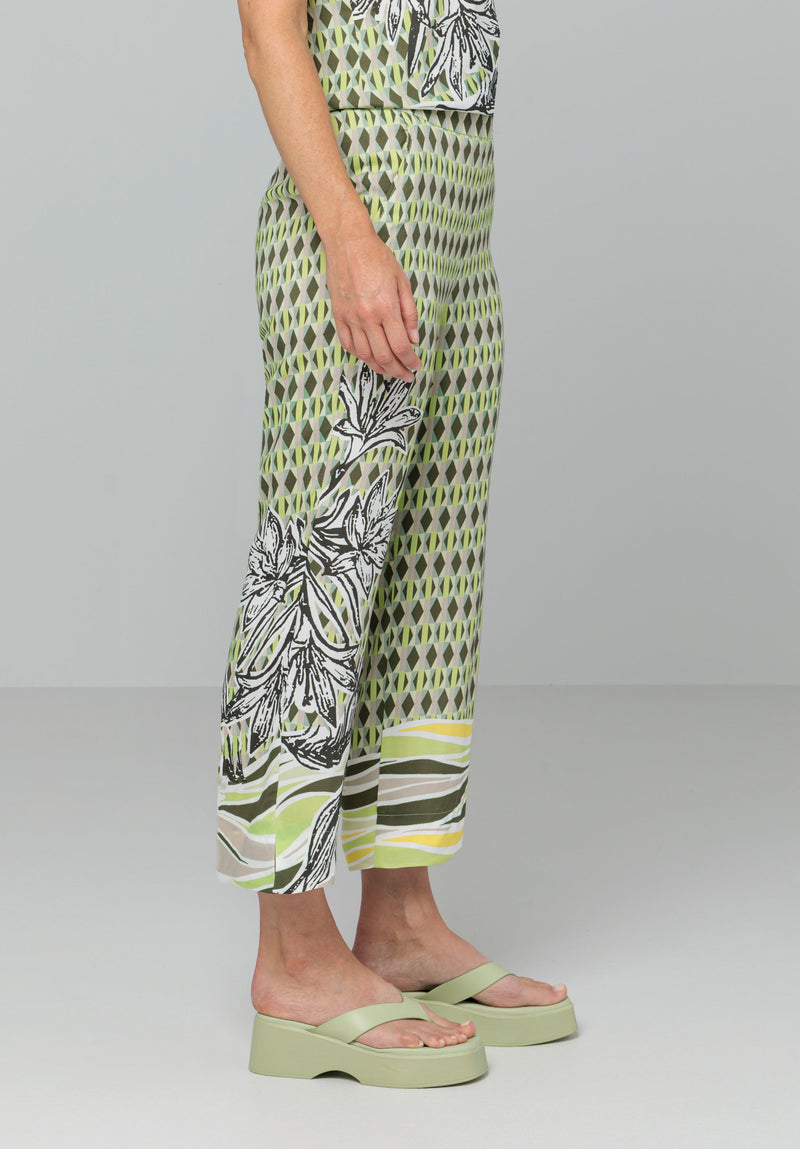 Bianca Parigi Print Trouser. A pair of culottes featuring an eye-catching mixed yellow and green pattern.