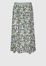 Bianca Button Through Skirt - Kina. A midi length skirt with buttons, in green animal print with a contrasting striped waistband.