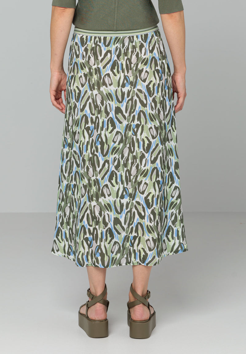 Bianca Button Through Skirt - Kina. A midi length skirt with buttons, in green animal print with a contrasting striped waistband.