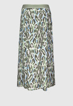 Bianca Button Through Skirt - Kina. A midi length skirt with buttons, in green animal print with a contrasting striped waistband.