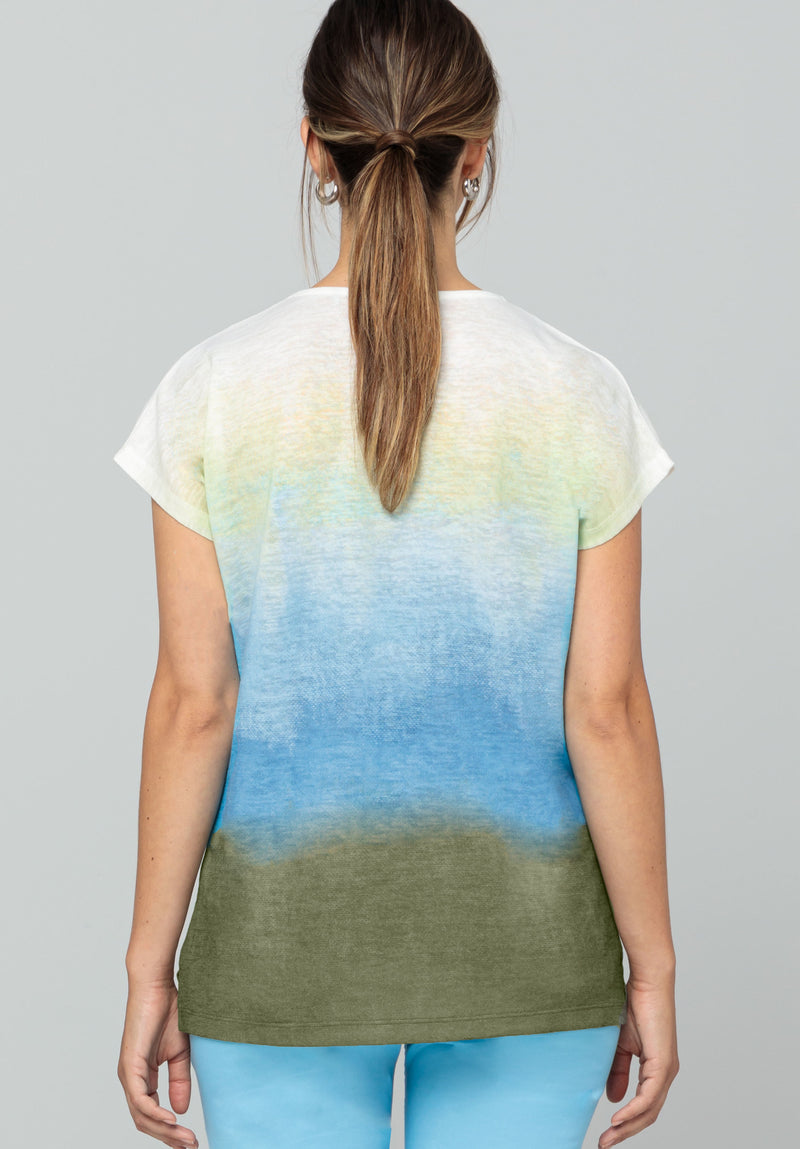 Bianca Julie Top. A multicoloured gradient print T-shirt with short sleeves and round neckline, featuring a motif print.