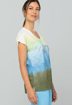 Bianca Julie Top. A multicoloured gradient print T-shirt with short sleeves and round neckline, featuring a motif print.