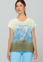 Bianca Julie Top. A multicoloured gradient print T-shirt with short sleeves and round neckline, featuring a motif print.