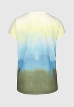 Bianca Julie Top. A multicoloured gradient print T-shirt with short sleeves and round neckline, featuring a motif print.