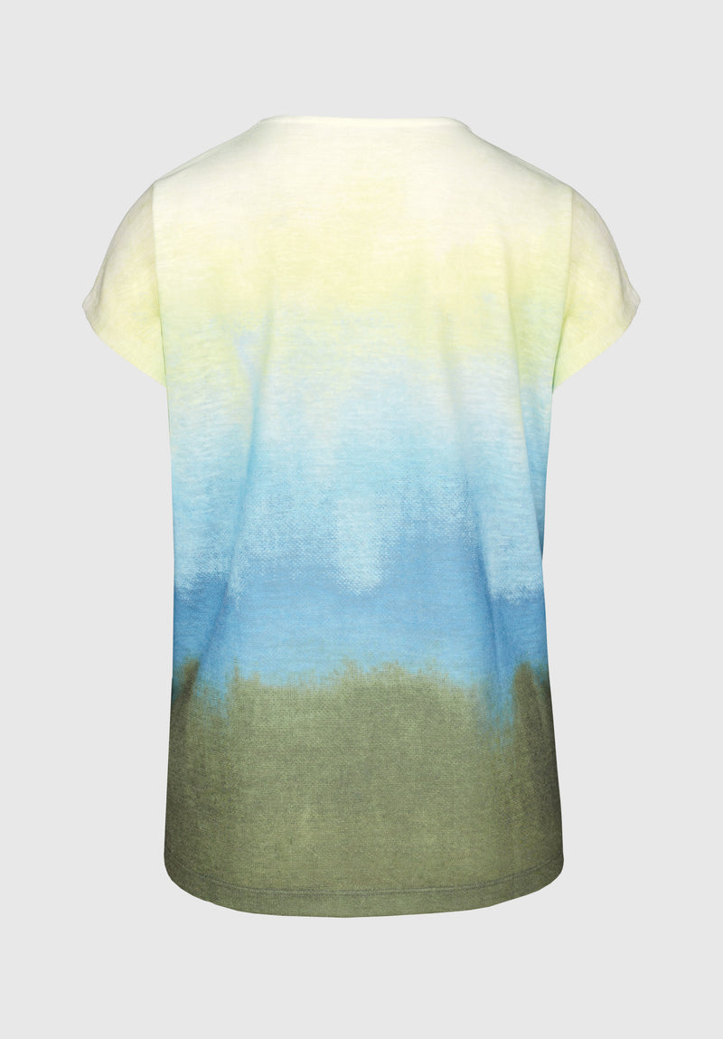 Bianca Julie Top. A multicoloured gradient print T-shirt with short sleeves and round neckline, featuring a motif print.