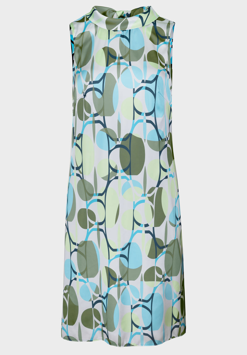 Bianca Dolores Dress. A midi length sleeveless dress with high neckline and retro green and blue print.