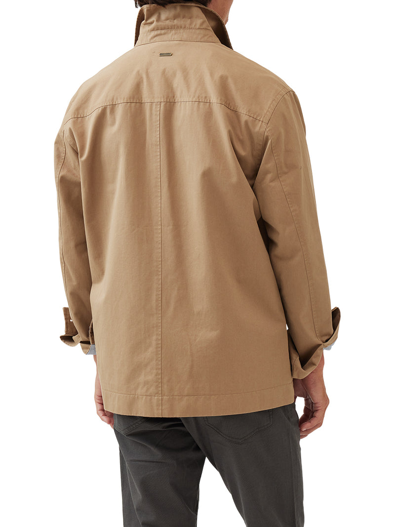 Rodd & Gunn Whitstone Jacket. A beige long sleeve jacket with water-repellent finish, long sleeves and chest pockets.