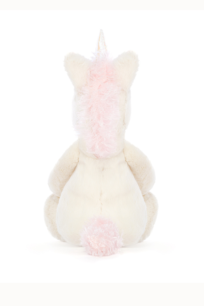 Jellycat Bashful Unicorn. A soft toy unicorn with sparkling horn and soft white and pink fur.