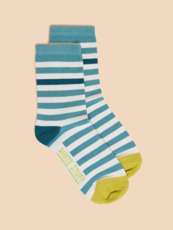 White Stuff Striped Socks. Organic cotton mix ankle socks with cream and blue stripes, and light green toe.