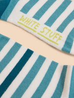 White Stuff Striped Socks. Organic cotton mix ankle socks with cream and blue stripes, and light green toe.