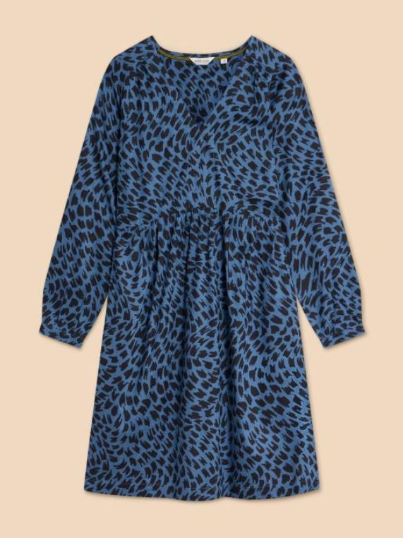 White Stuff Penelope Eco Vero Dress. A knee length dress with long sleeves, a V-neck and a pretty blue design with black patches all-over