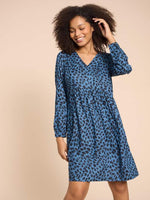 White Stuff Penelope Eco Vero Dress. A knee length dress with long sleeves, a V-neck and a pretty blue design with black patches all-over