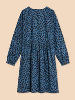 White Stuff Penelope Eco Vero Dress. A knee length dress with long sleeves, a V-neck and a pretty blue design with black patches all-over