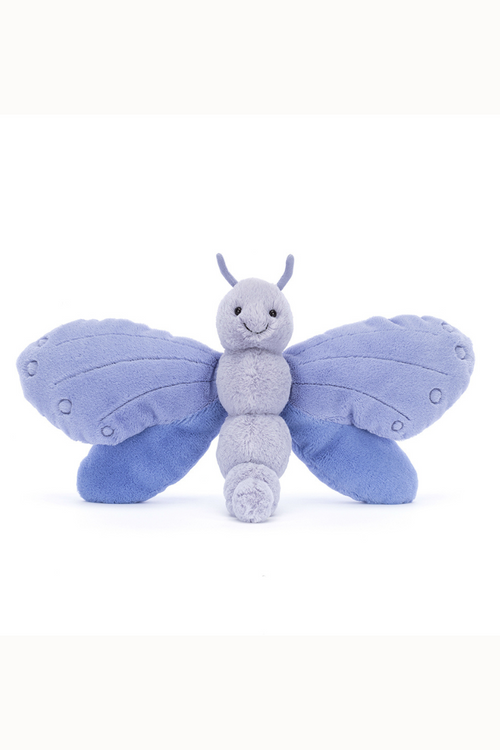 Jellycat Bluebell Butterfly. A soft toy butterfly with indigo and lavender wings, smiling face, and feelers. 