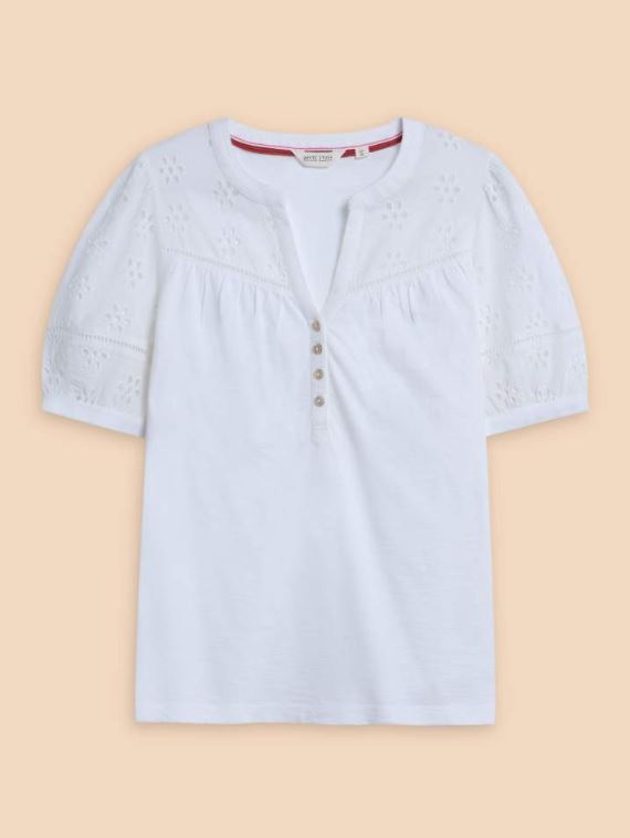 White Stuff Bella Broderie Mix Top. A cotton jersey mix with a feminine notch neckline, and short, broderie cut-out sleeves