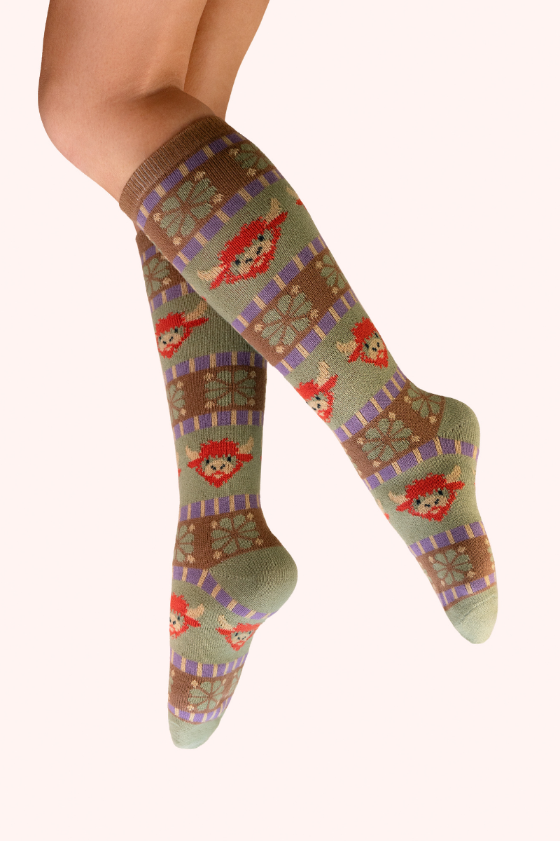 Fair Isle Highland Cow Knee High Socks