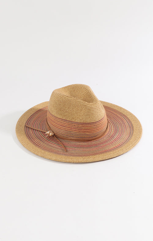 Pia Rossini Caprini Hat. A straw fedora style hat in a natural/orange colour with detailed brim and size tie.