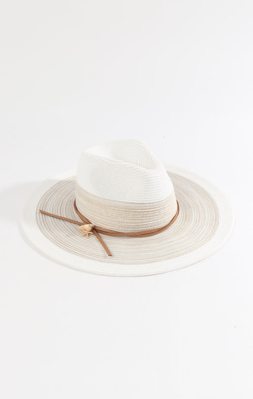 Pia Rossini Caprini Hat. A straw fedora style hat in a white/grey colour with detailed brim and size tie.