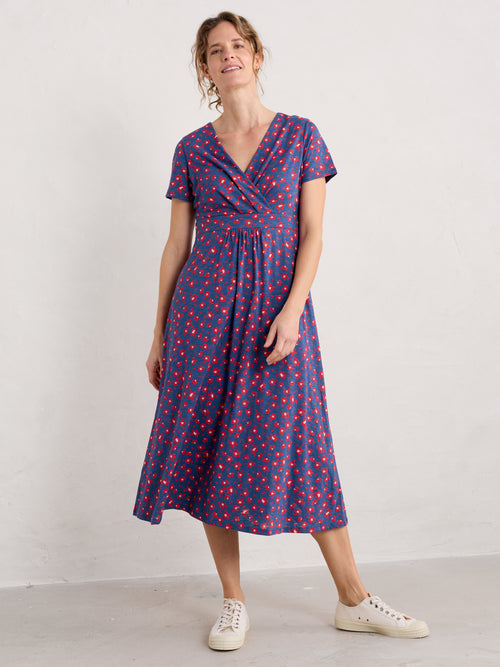 Seasalt Chapelle Dress. An A-line dress in midi length, with wrap effect and V-neck, featuring a unique Seasalt print.