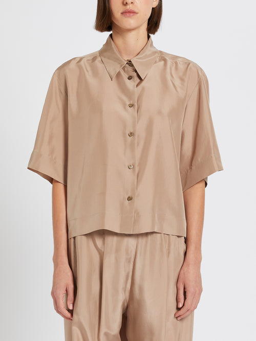 Marella Cisa Silk Shirt. A short sleeve, straight cut top with shirt collar, in the colour beige.