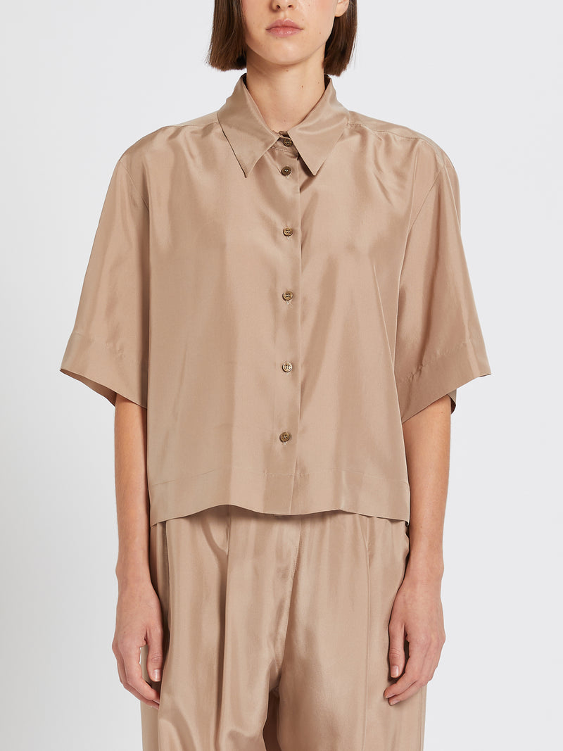 Marella Cisa Silk Shirt. A short sleeve, straight cut top with shirt collar, in the colour beige.