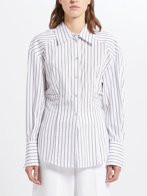 Marella Asterix Striped Shirt. A fit-and-flare shirt made from white striped poplin fabric, with shirt collar and button fastenings.