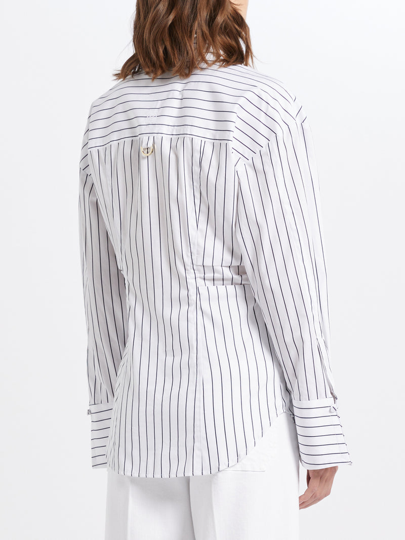 Marella Asterix Striped Shirt. A fit-and-flare shirt made from white striped poplin fabric, with shirt collar and button fastenings.