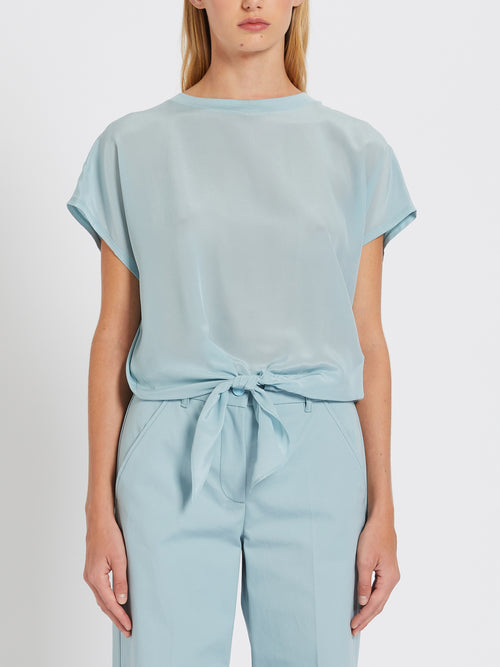 Marella Agostin Body Top. A short sleeve, boxy fit T-shirt with lapel collar, in the colour sky blue.