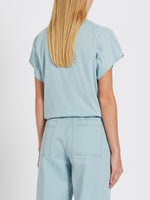 Marella Agostin Body Top. A short sleeve, boxy fit T-shirt with lapel collar, in the colour sky blue.