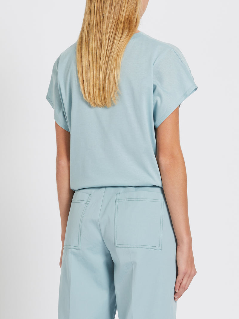 Marella Agostin Body Top. A short sleeve, boxy fit T-shirt with lapel collar, in the colour sky blue.