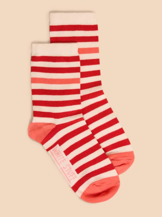 White Stuff Striped Socks. Organic cotton mix ankle socks with cream and coral stripes, and light pink toe & heel.