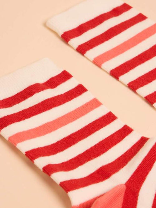 White Stuff Striped Socks. Organic cotton mix ankle socks with cream and coral stripes, and light pink toe & heel.