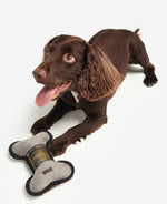 An image of a dog with the Barbour Bone Dog Toy.