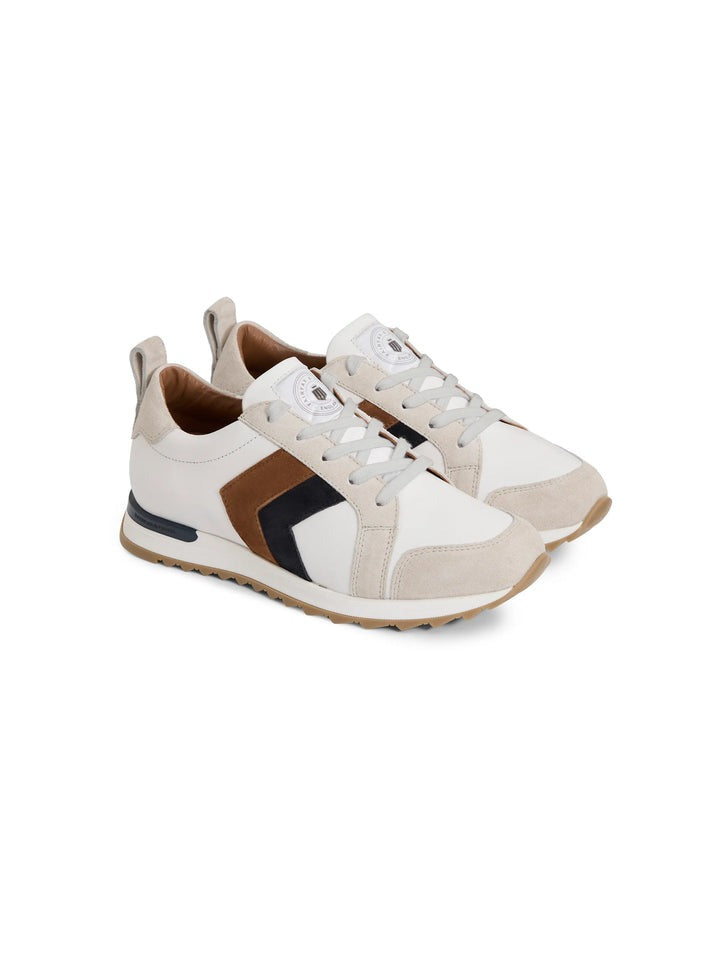 An image of the Fairfax & Favor Fairfax & Favor Xandra Trainer White Leather with Tan/Navy