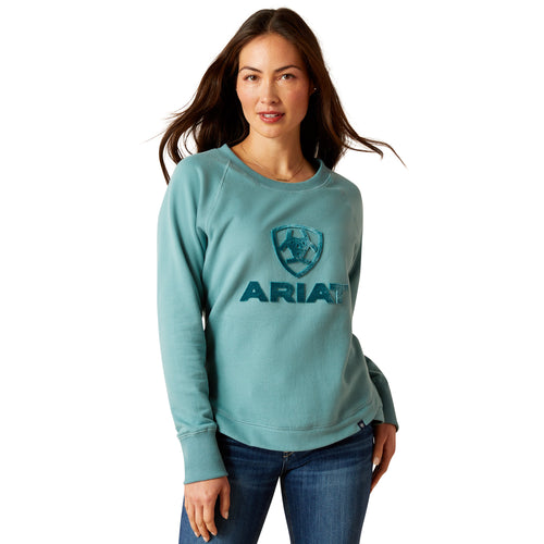 An image of a female model wearing the Ariat Benicia Sweatshirt in the colour Arctic.