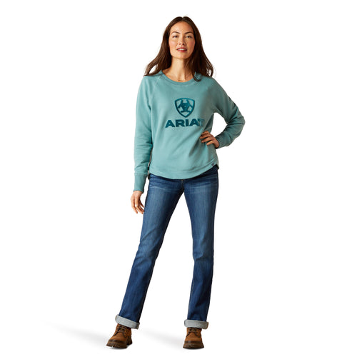 An image of a female model wearing the Ariat Benicia Sweatshirt in the colour Arctic.
