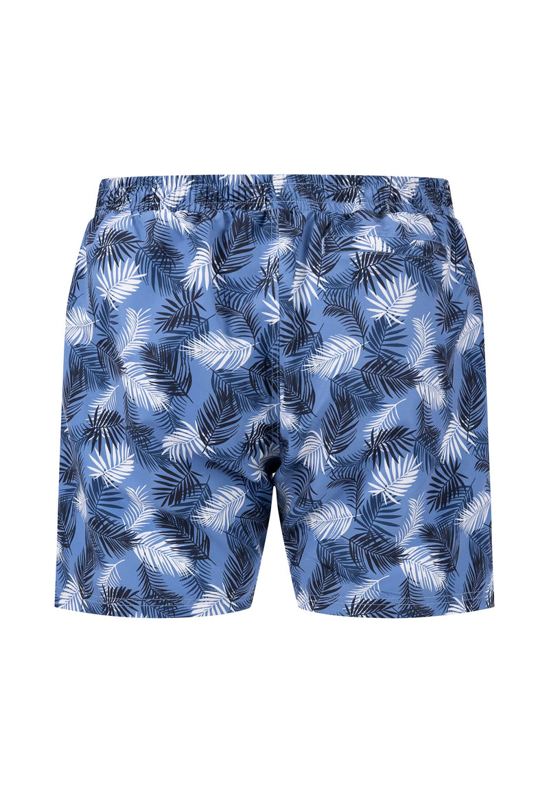 Fynch-Hatton Swim Shorts. A pair of blue leaf print swim shorts with casual fit and waist tie.