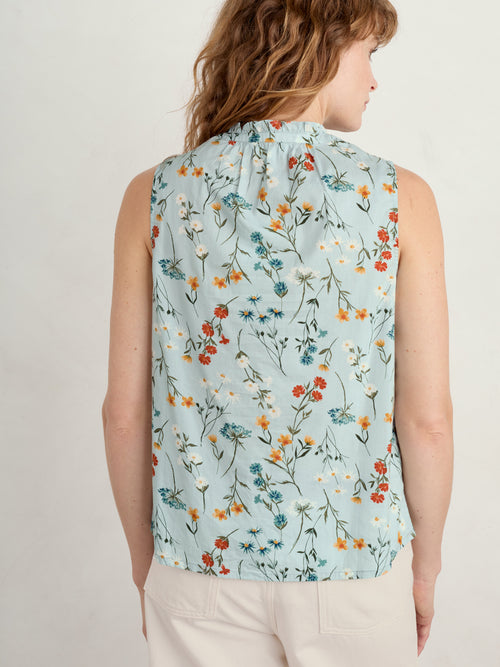 Seasalt Flower Fields Vest. An A-line sleeveless top with high frilled collar, button placket, and blue floral print.