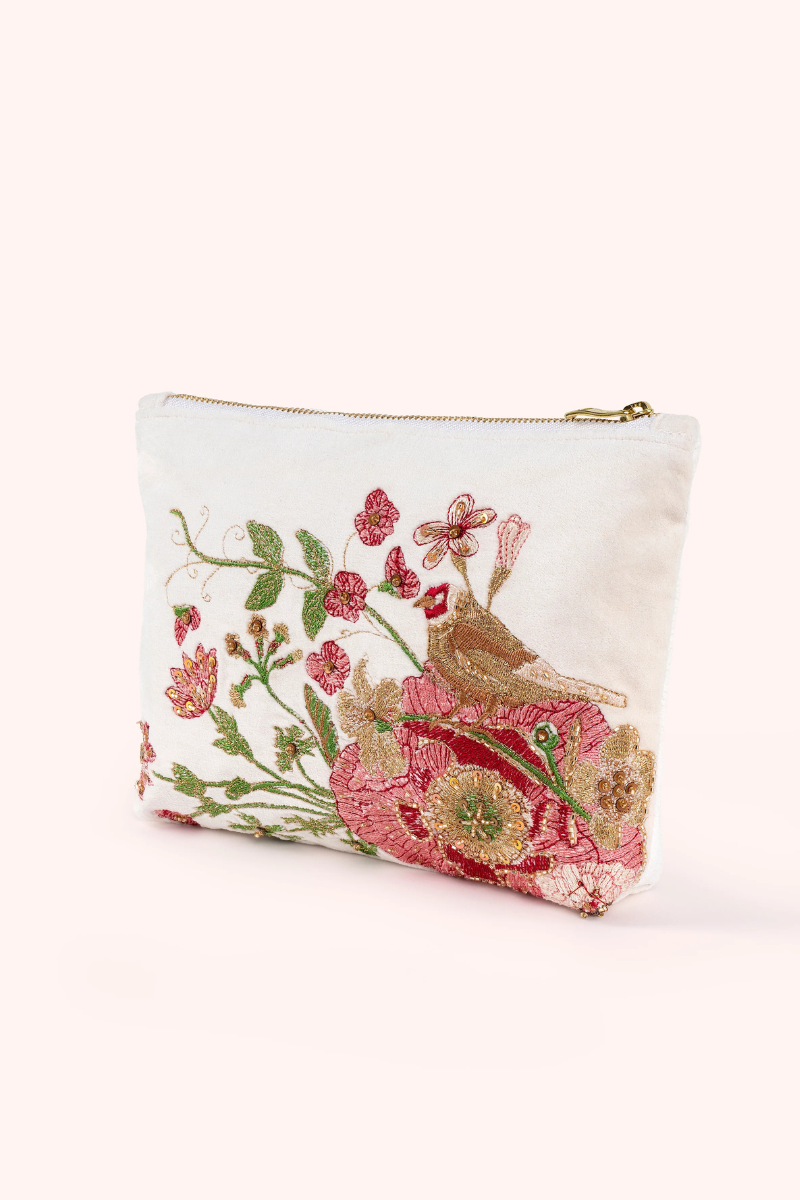 An image of the Powder Velvet Embroidered Zip Pouch