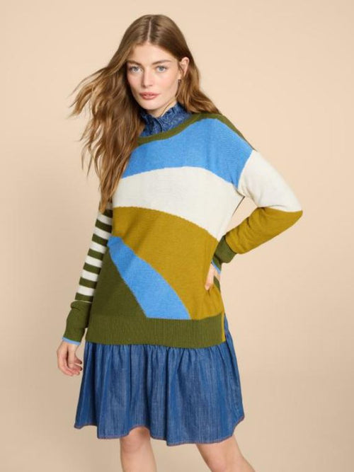 White Stuff Olive Abstract Jumper. A regular fit with a striped design on one arm, block green colour on the back, and green, blue, mustard and cream abstract stripes on the front.